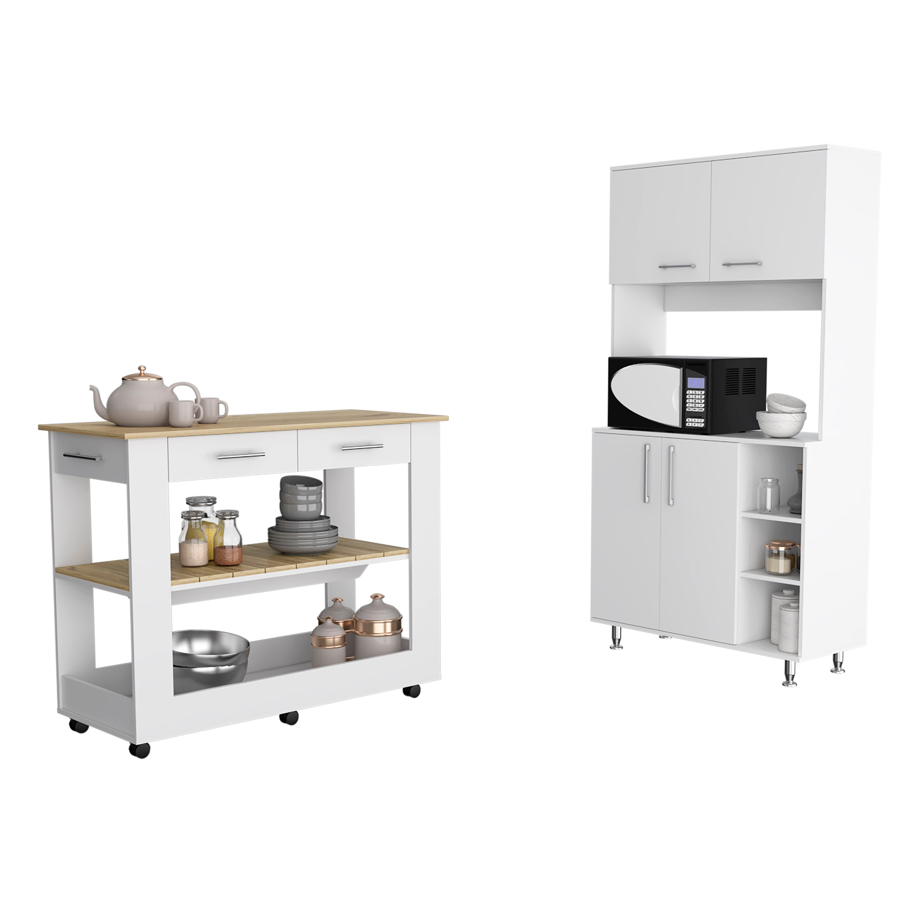 FM Furniture Wenden 2 Piece Kitchen Set, Kitchen Island + Kitchen Pantry, White / Light Oak