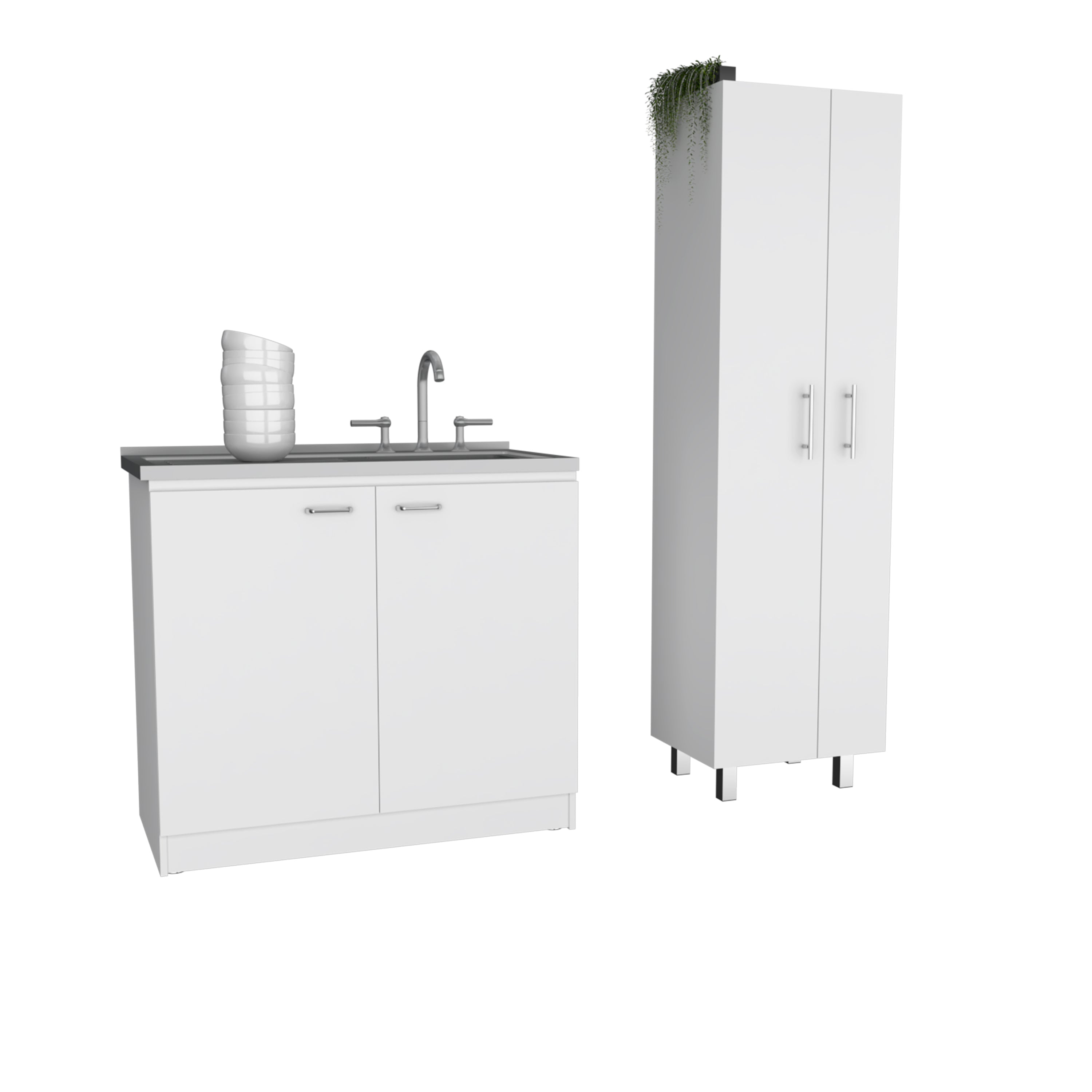 FM Furniture Safford 2 Piece Kitchen Set, Utility Sink Cabinet + Pantry Cabinet, White