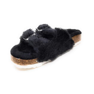JEFFRICO Womens Slippers Double Strap Faux Fur Double Buckle Soft