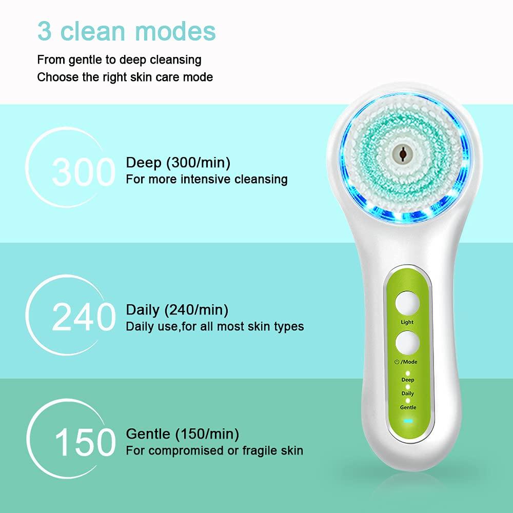 AVVANES Facial Cleansing Brush,Rechargeable IPX7 Waterproof with 5 Brush Heads for Exfoliating, Massaging and Deep Cleansing Green