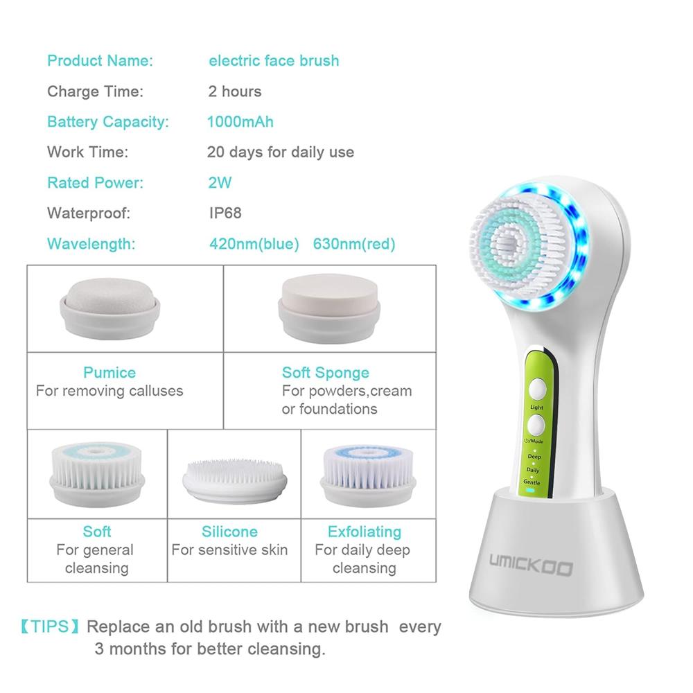 AVVANES Facial Cleansing Brush,Rechargeable IPX7 Waterproof with 5 Brush Heads for Exfoliating, Massaging and Deep Cleansing Green