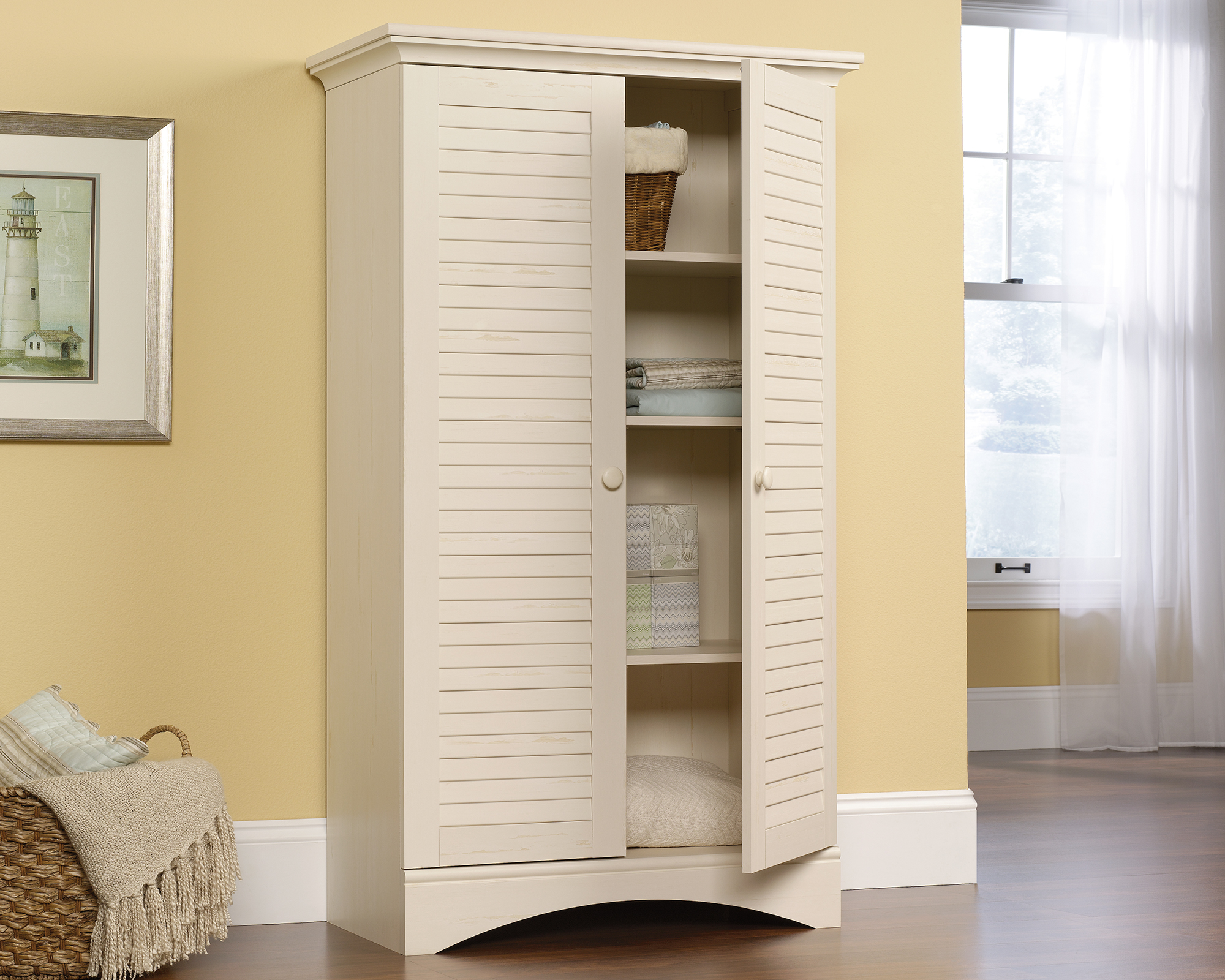 Sauder Harbor View® Storage Cabinet, Antiqued White® finish (# 400742)