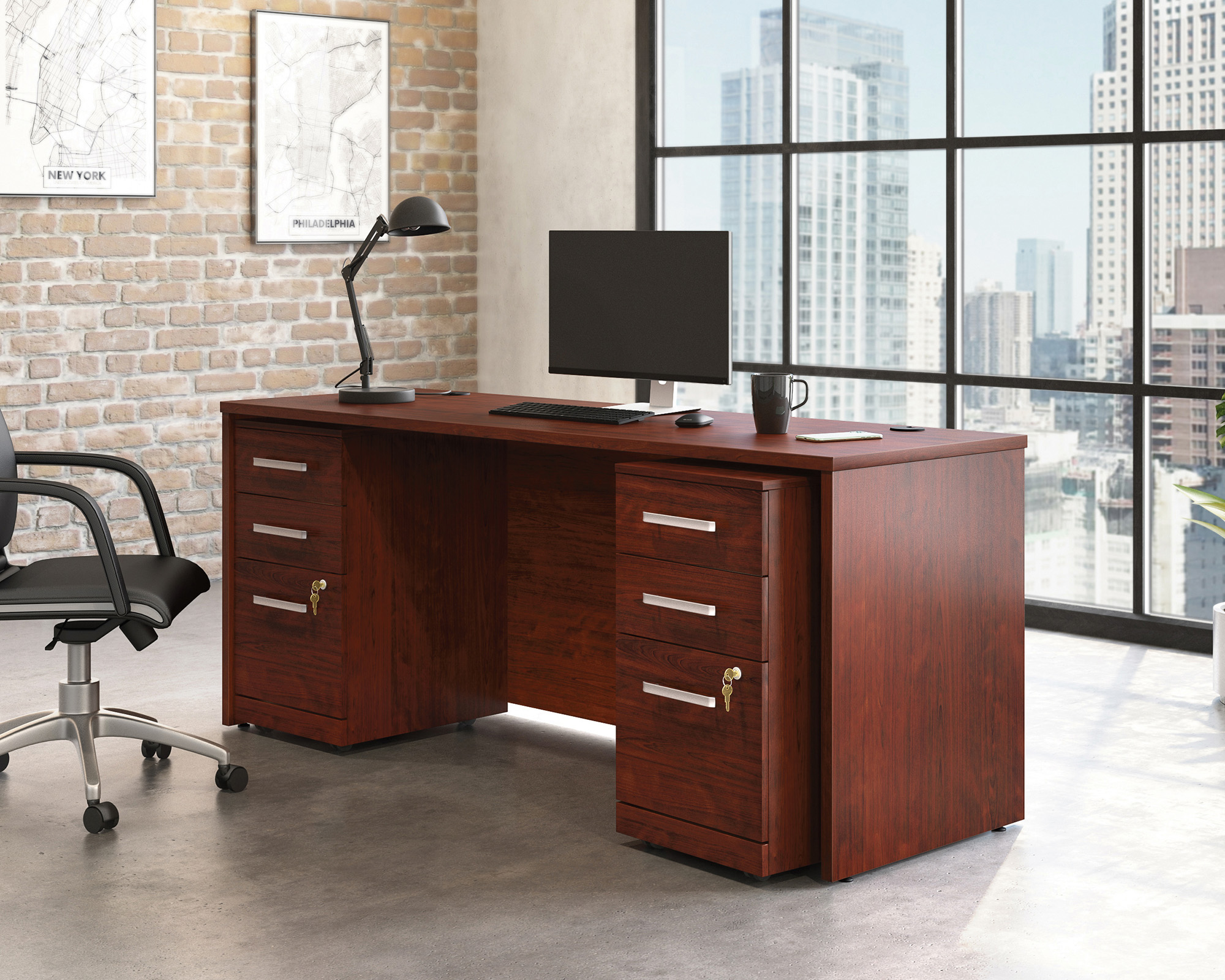 Sauder Affirm™ Commercial 72"x24" 3-Drawer 2-File Double Pedistal Desk, Classic Cherry® finish (# 430198)