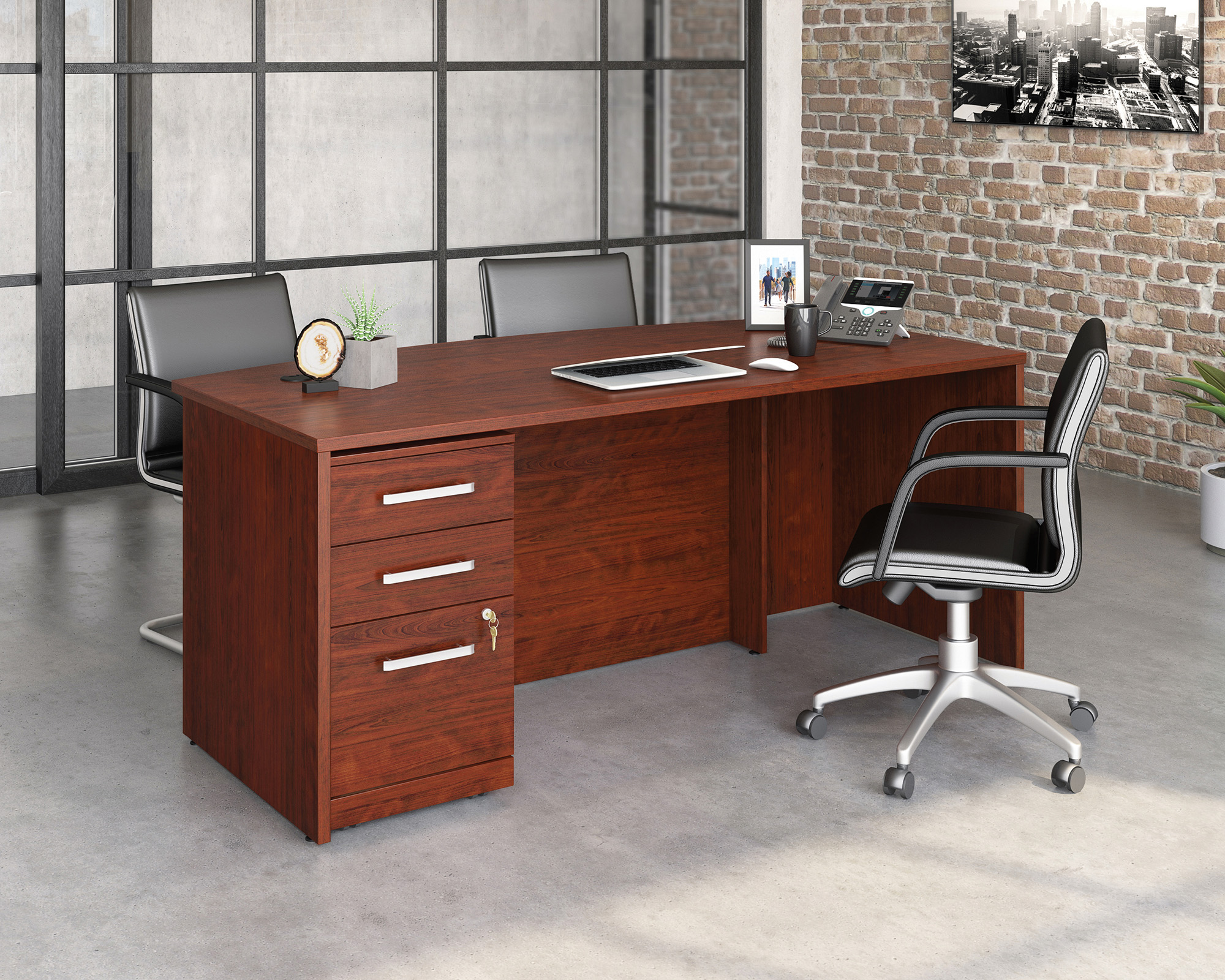 Sauder Affirm™ Commercial 72"x36" Executive Bowfront 3-Drawer File Single Pedistal Desk, Classic Cherry® finish (# 430213)