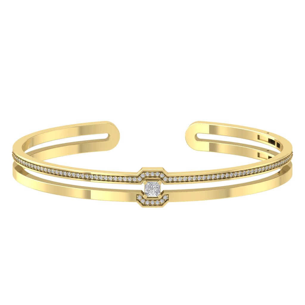 Araiya Fine Jewelry 14K Yellow Gold Round and Princess Diamond Open Cuff Bangle Bracelet (3/4 Cttw, I-J Color, I2-I3 Clarity), 7"