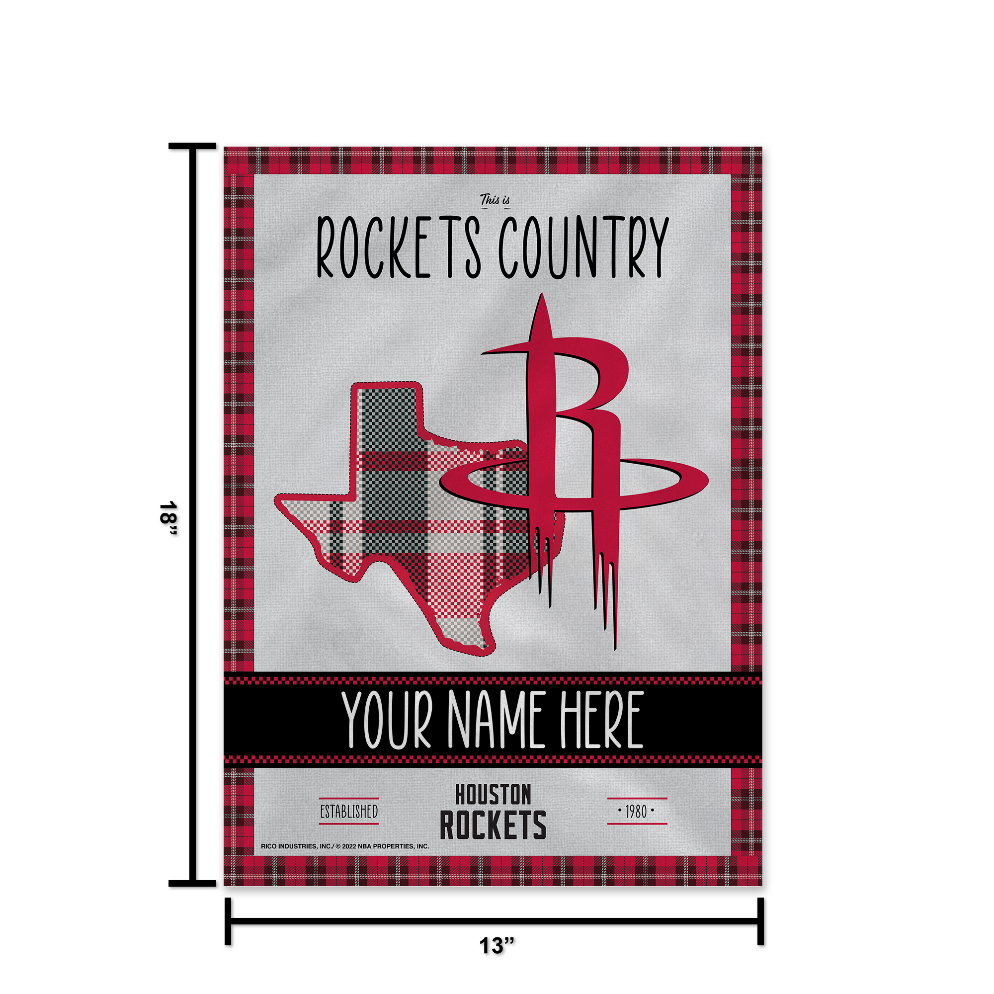 Rico Industries NBA Basketball Houston Rockets This is Rockets Country - Plaid Design Personalized Garden Flag