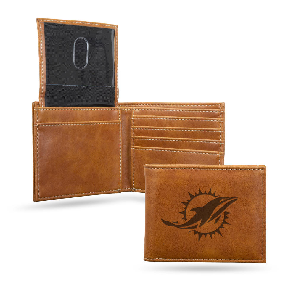 Rico Industries NFL Football Miami Dolphins Brown Laser Engraved Billfold Wallet