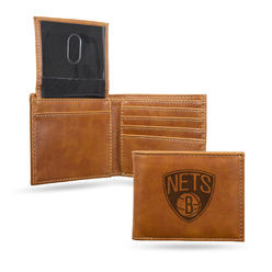 Rico Inc Rico LEBIL67001BR NBA Brooklyn Nets Laser Engraved Brown Billfold Wallet