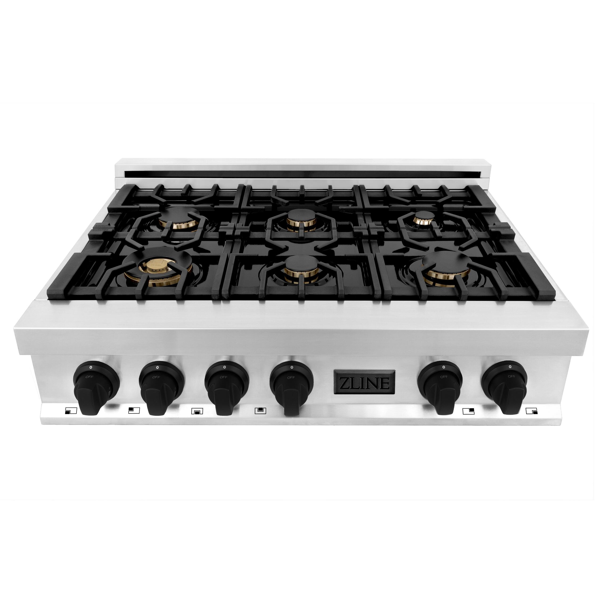 Zline Kitchen and Bath ZLINE Autograph Edition 36" Porcelain Rangetop with 6 Gas Burners in Stainless Steel and Matte Black Accents RTZ36MB