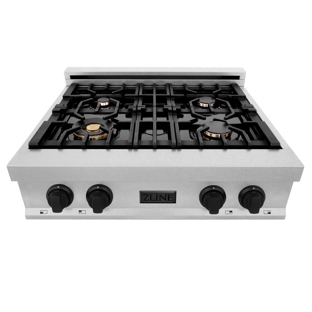 Zline Kitchen and Bath ZLINE Autograph Edition 30" Porcelain Rangetop with 4 Gas Burners in DuraSnow® Stainless Steel and Matte Black Accents RTSZ30MB