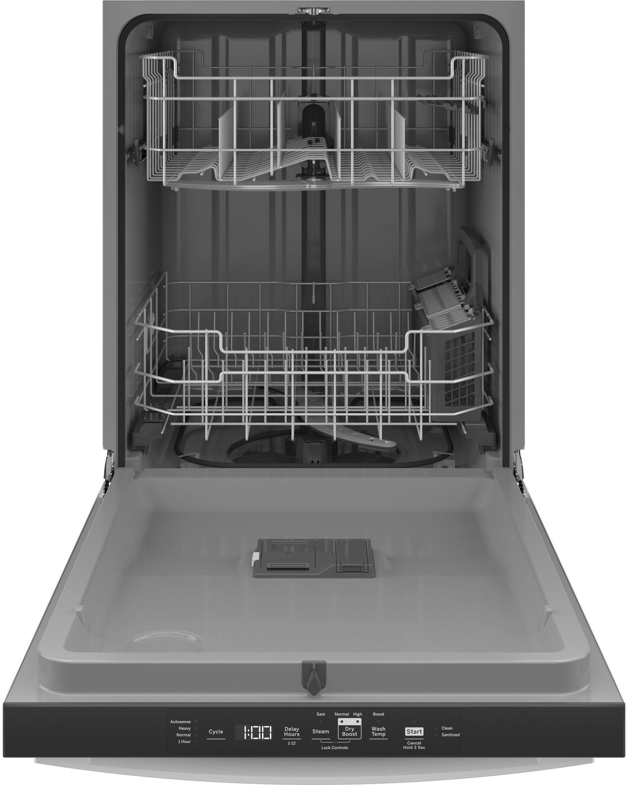 General Electric Built In Dishwasher with Top Control Controls 500 Series Wash System Plastic Interior Material Gloss Finish and White on White
