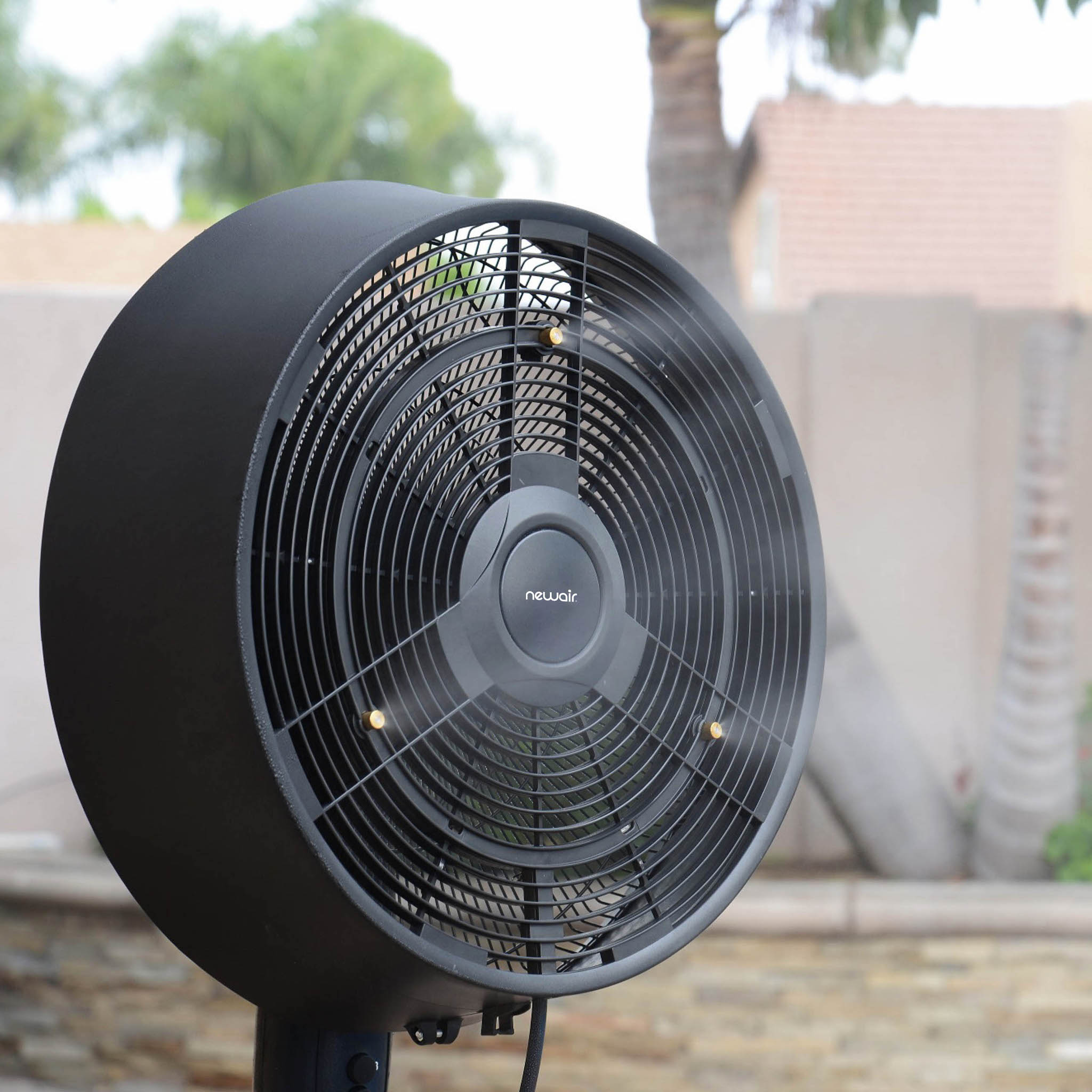 Newair Outdoor Misting Fan and Pedestal Fan in Black, Cools 500 sq. ft. with 3 Fan Speeds and Wide-Angle Oscillation.