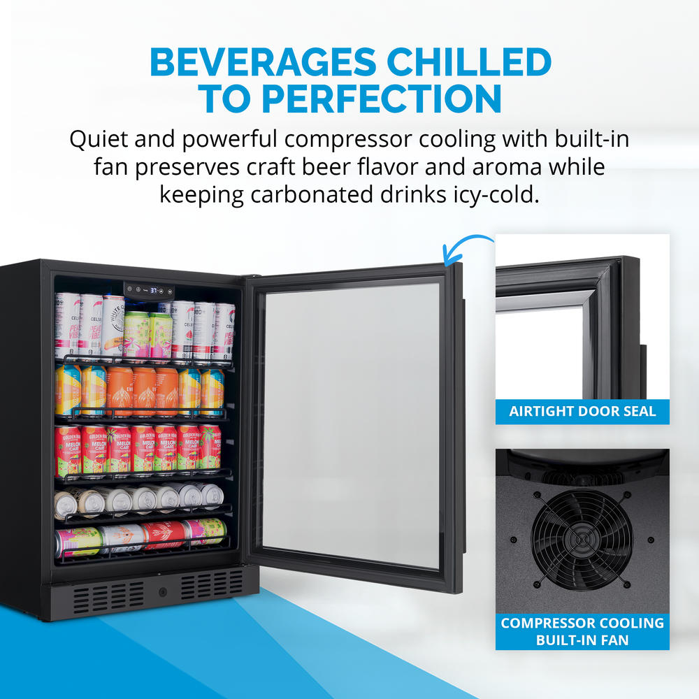 Newair 24" Beverage Refrigerator Cooler, 177 Can Black Stainless Steel with Triple-Layer Tempered Glass Door