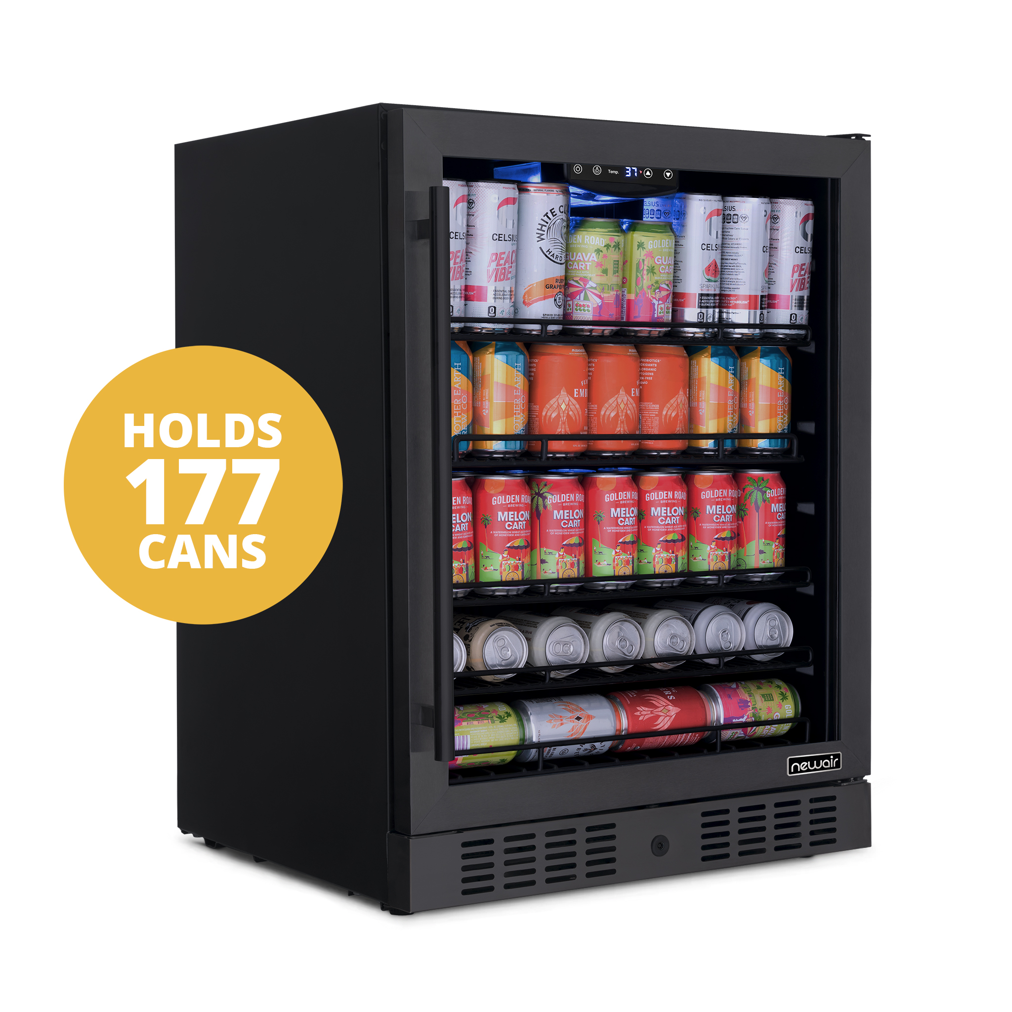 Newair 24" Beverage Refrigerator Cooler, 177 Can Black Stainless Steel with Triple-Layer Tempered Glass Door