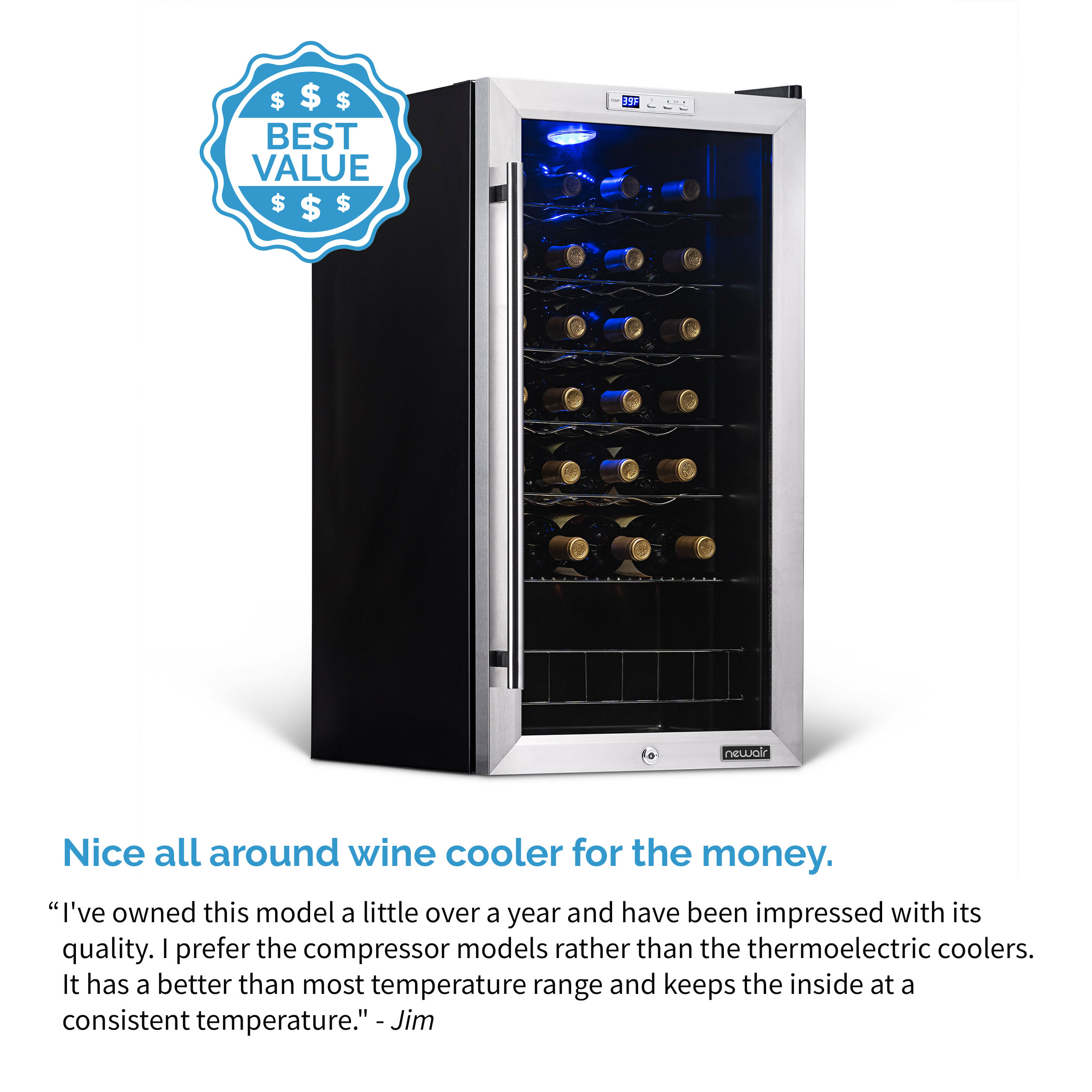 NewAir  Freestanding 27 Bottle Compressor Wine Fridge in Stainless Steel, Adjustable Chrome Racks and Exterior Digital Thermostat