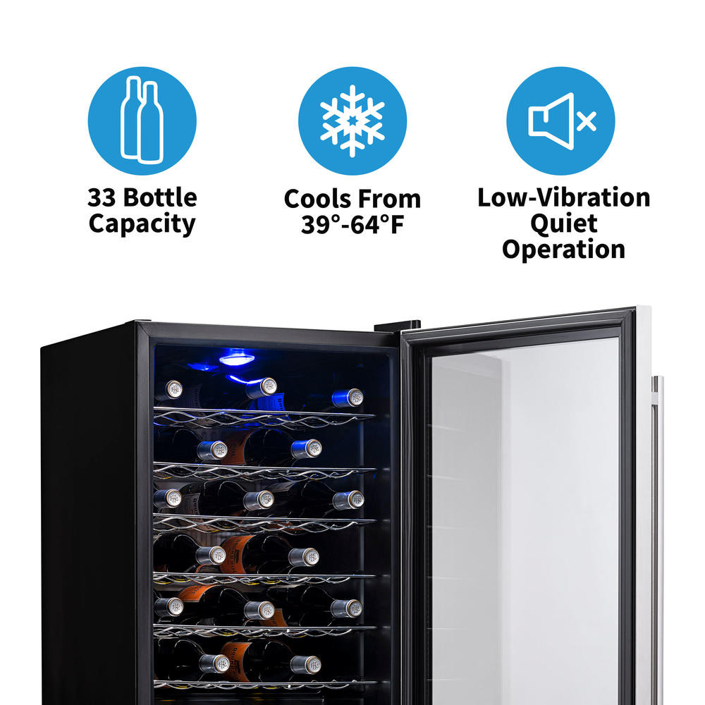 NewAir  Freestanding 33 Bottle Compressor Wine Fridge in Stainless Steel, Adjustable Chrome Racks and Exterior Digital Thermostat