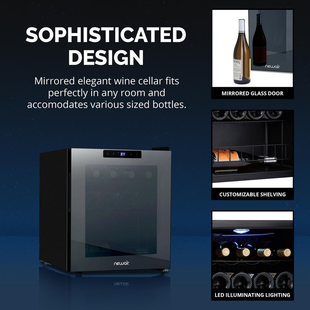 NewAir Shadowᵀᴹ Series Wine Cooler Refrigerator 16 Bottle, Freestanding Mirrored Wine Fridge with Double-Layer Tempered Glass