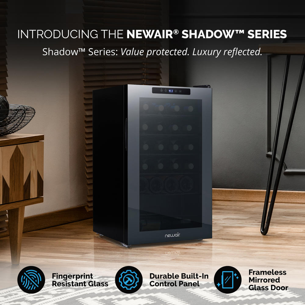 NewAir Shadowᵀᴹ Series Wine Cooler Refrigerator 24 Bottle, Freestanding Mirrored Wine Fridge with Double-Layer Tempered Glass