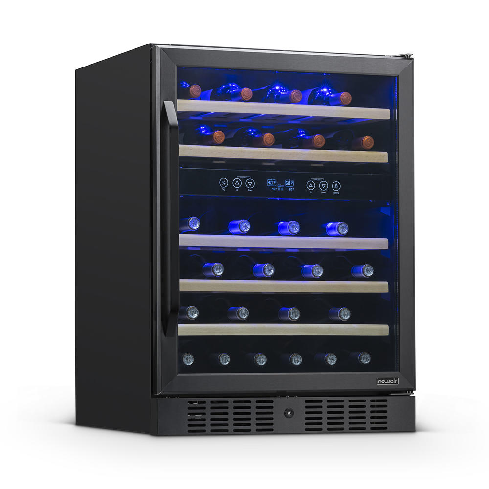 NewAir  24" Built-in 46 Bottle Dual Zone Compressor Wine Fridge in Black Stainless Steel, Quiet Operation with Beech Wood Shelves