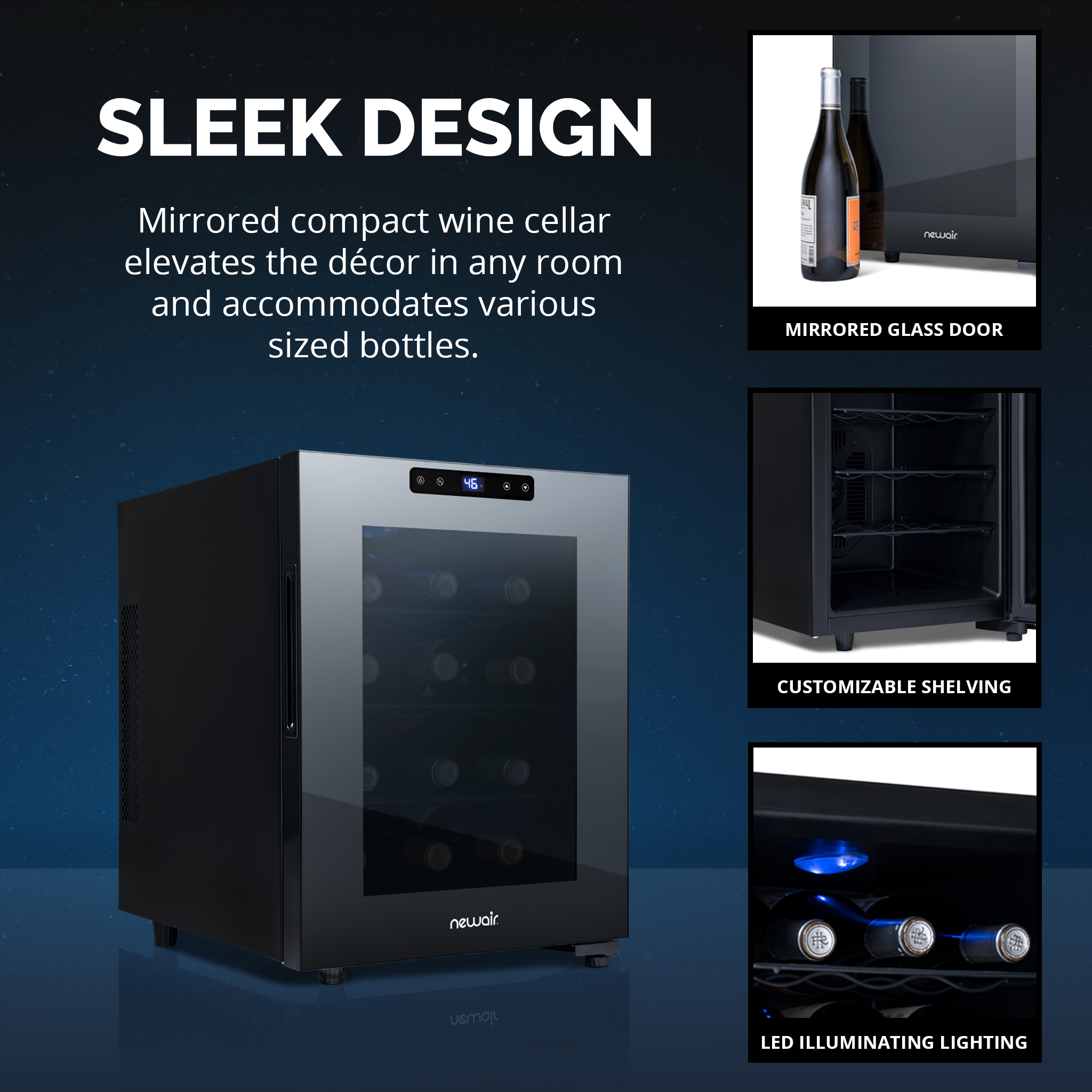 NewAir Shadow-Tᵀᴹ Series Wine Cooler Refrigerator, 12 Bottle Countertop Mirrored Compact Wine Cellar Triple-Layer Tempered Glass