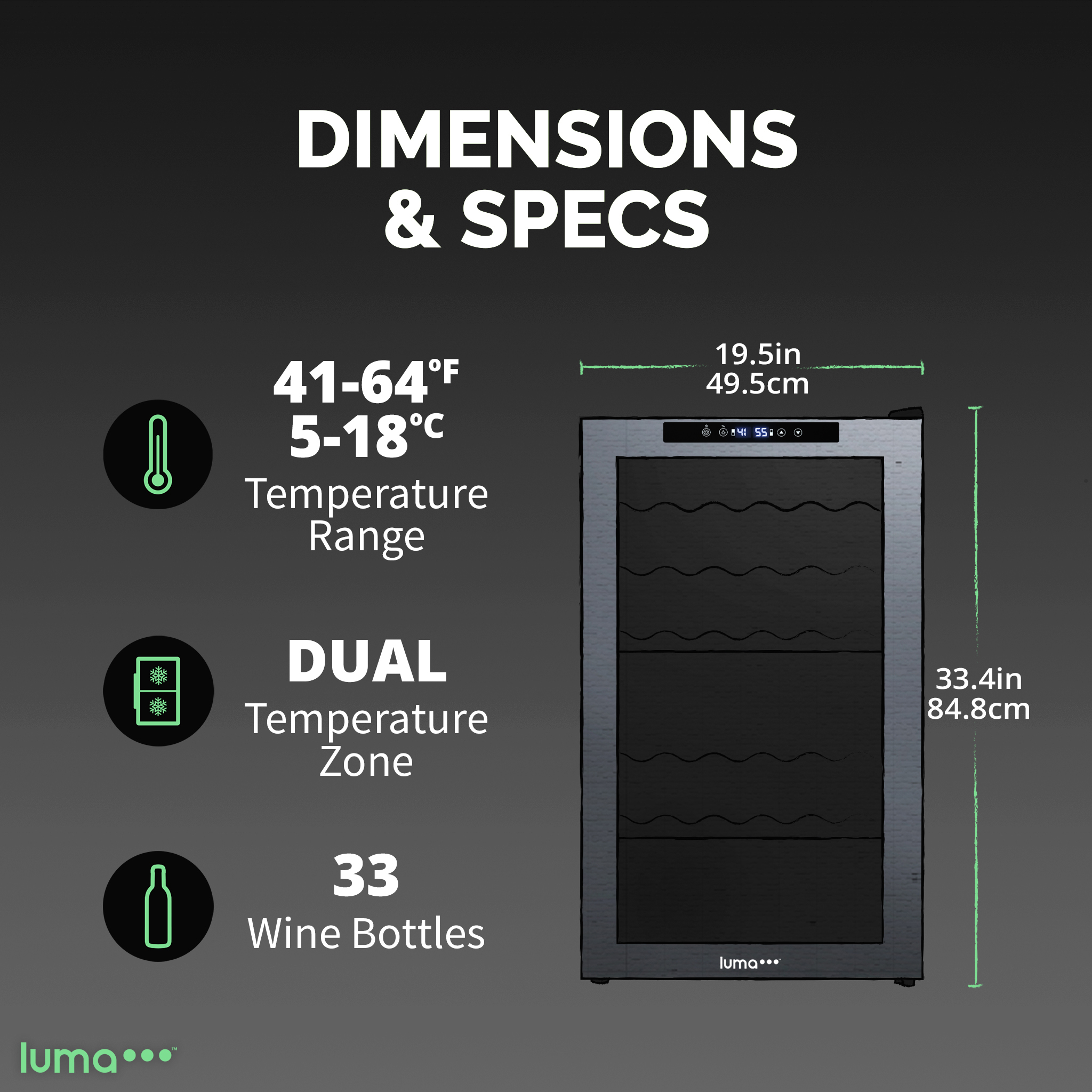Luma Shadow Series Wine Cooler Refrigerator 33 Bottle Dual Temperature Zones, Freestanding Mirrored Wine Fridge