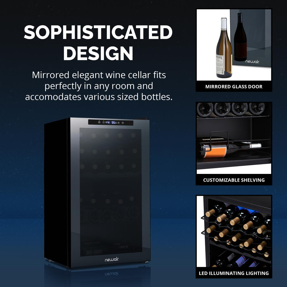 NewAir Shadowᵀᴹ Series Wine Cooler Refrigerator 33 Bottle Dual Temperature Zones, Freestanding Mirrored Wine Fridge