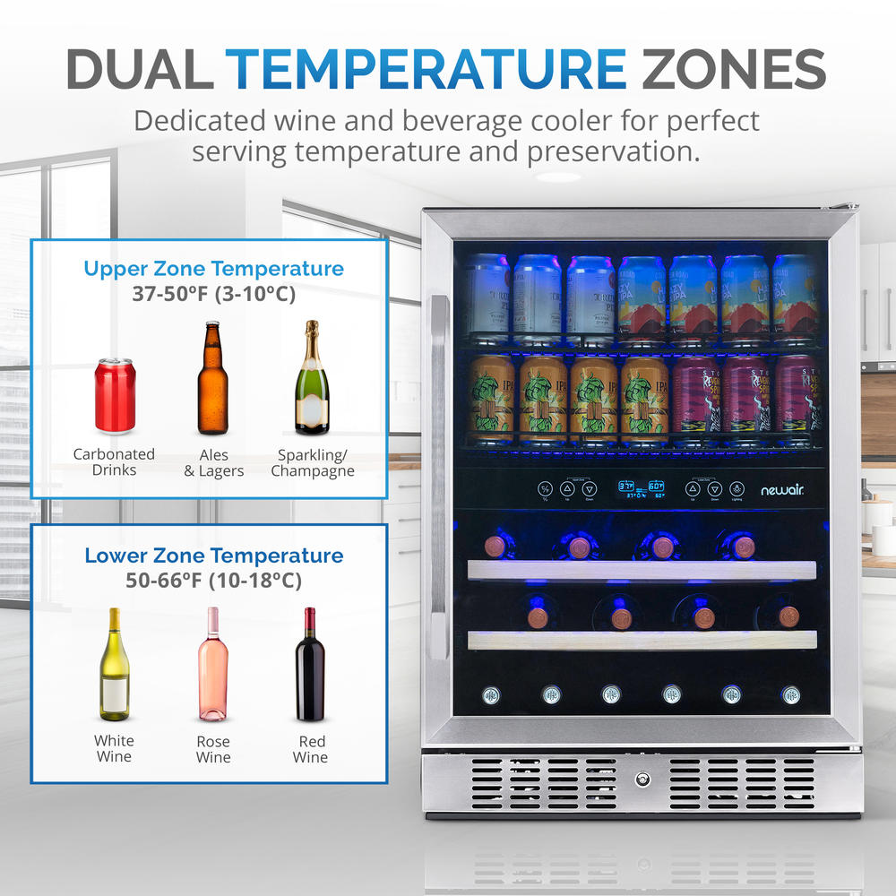 NewAir  24" Built-in Dual Zone 20 Bottle and 70 Can Wine and Beverage Fridge in Stainless Steel with SplitShelf™