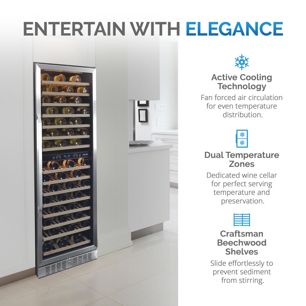 NewAir  27" Built-in 160 Bottle Dual Zone Compressor Wine Fridge in Stainless Steel, Quiet Operation with Smooth Rolling Shelves
