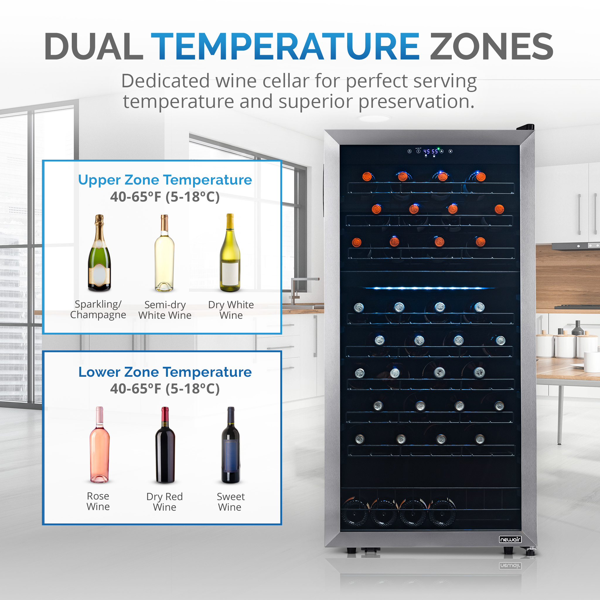 NewAir  Freestanding 76 Bottle Dual Zone Compressor Wine Fridge with Low-Vibration Ultra-Quiet Inverter Compressor