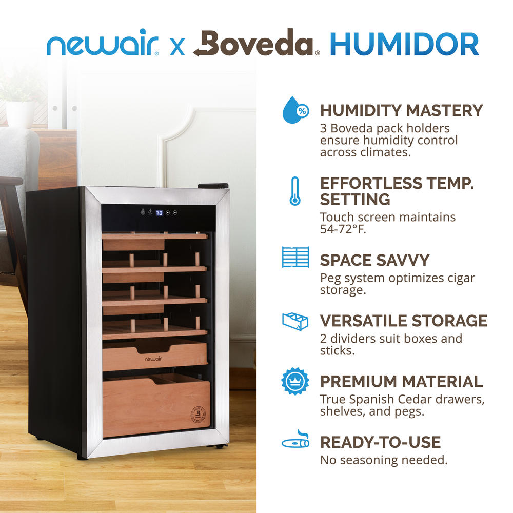 Newair x Boveda  500 Count Electric Humidor, Spanish Cedar Shelves with Temperature Control, Cigar Humidor Box