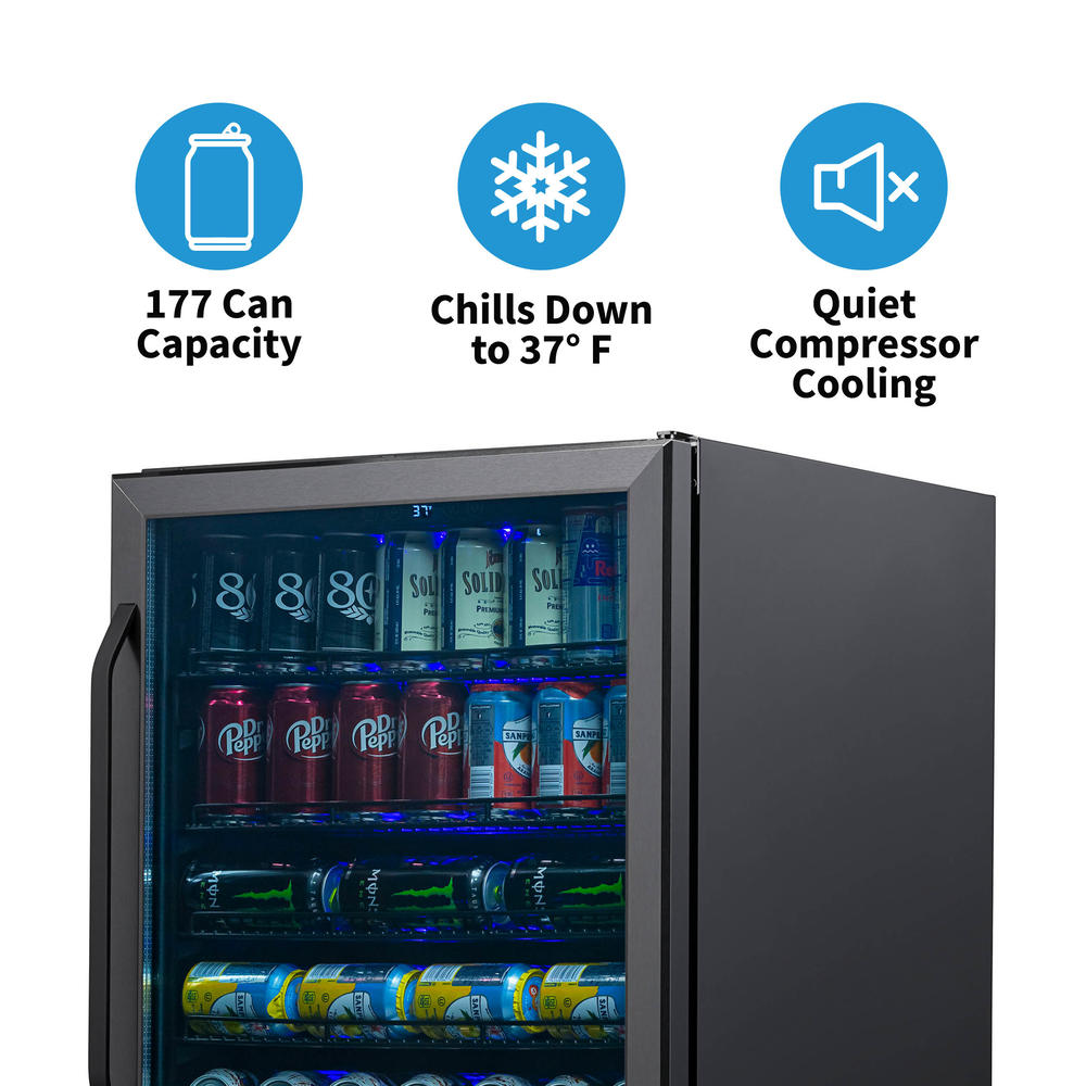 Newair 24" Built-in 177 Can Beverage Fridge in Black Stainless Steel with Precision Temperature Controls and Adjustable Shelves