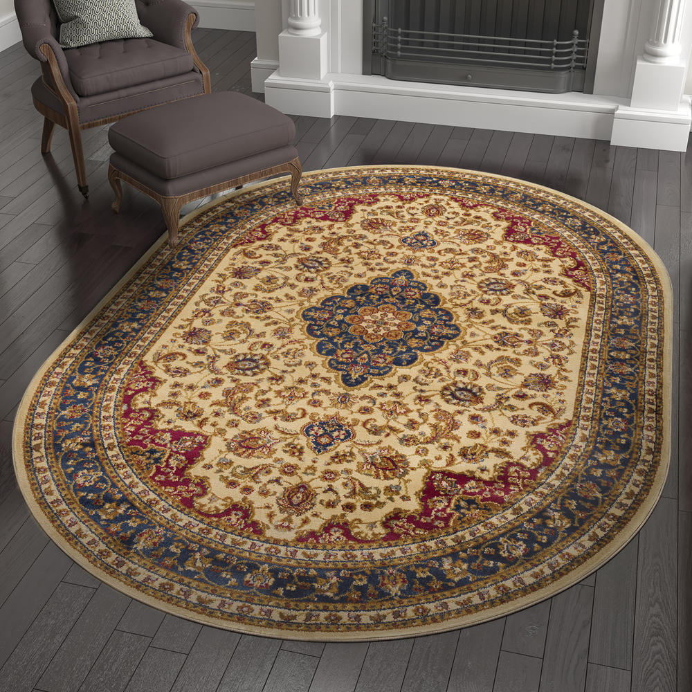 Tayse Rugs Kirsten Traditional Oriental Ivory Oval Area Rug, 6.7' x 9.6' Oval
