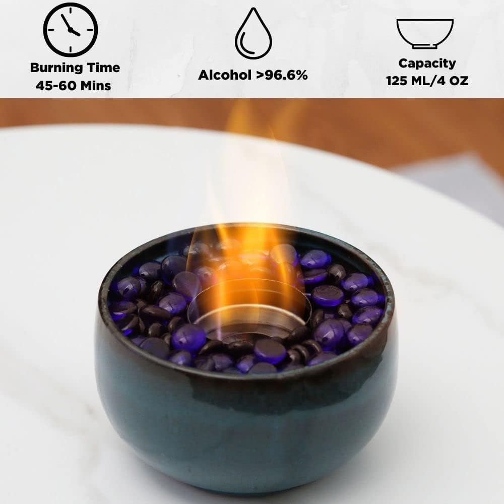 TURBRO Ceramic Tabletop Fire Pit for Outdoor - Ventless Fire Bowl, Odorless, Smokeless - Fueled by Ethanol Alcohol - Ocean Blue