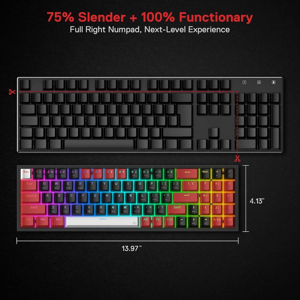 REDRAGON K628 Mechanical Keyboard RGB, 2.4GHz/BT/Wired, Red Switches, Red