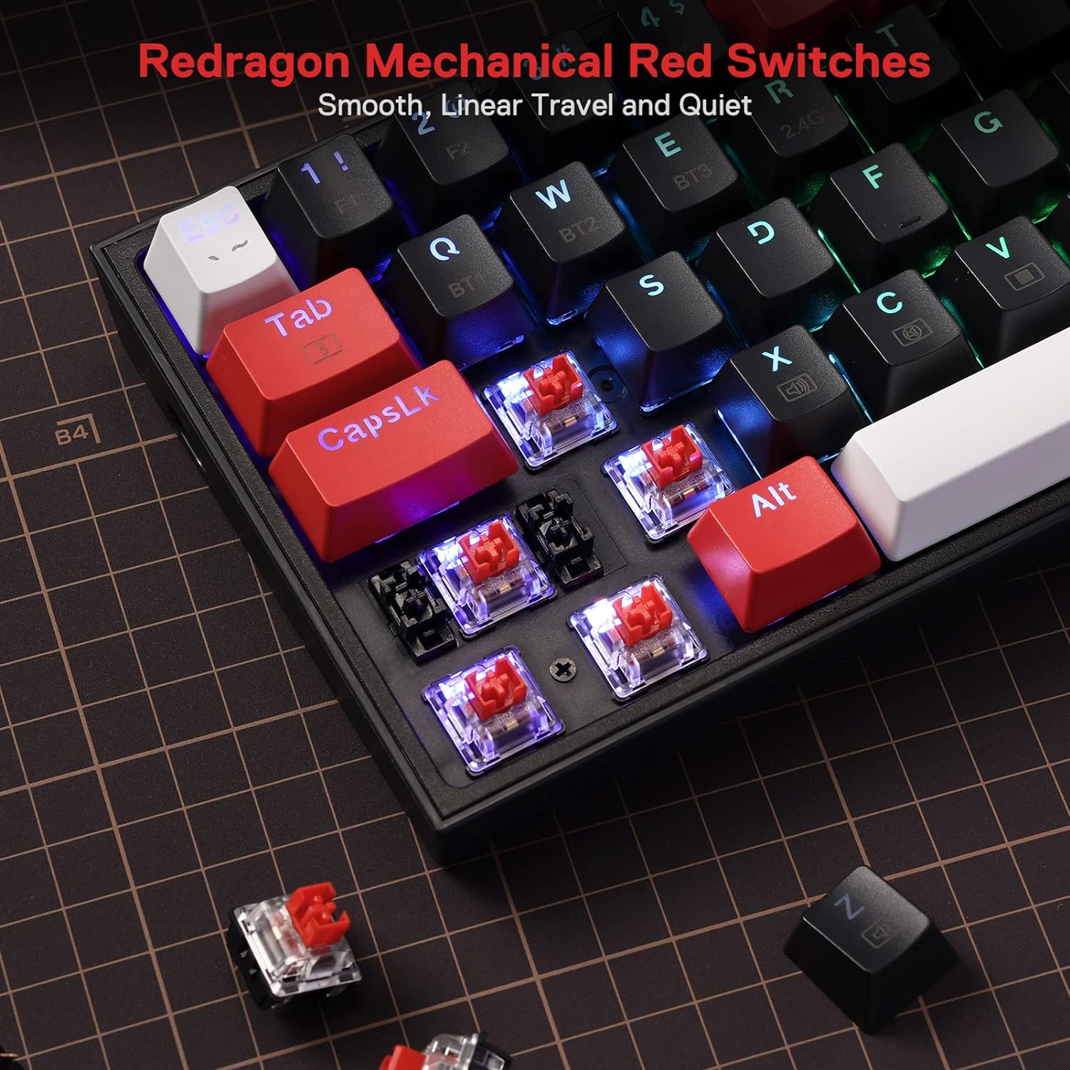 REDRAGON K628 Mechanical Keyboard RGB, 2.4GHz/BT/Wired, Red Switches, Red