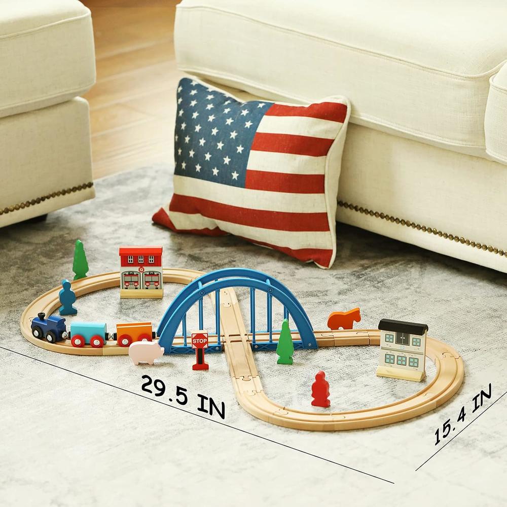 SainSmart Jr. Wooden Train Set with Train Tracks Bridge and Wood Toy Train for 3-5 Years Old Boys and Girls