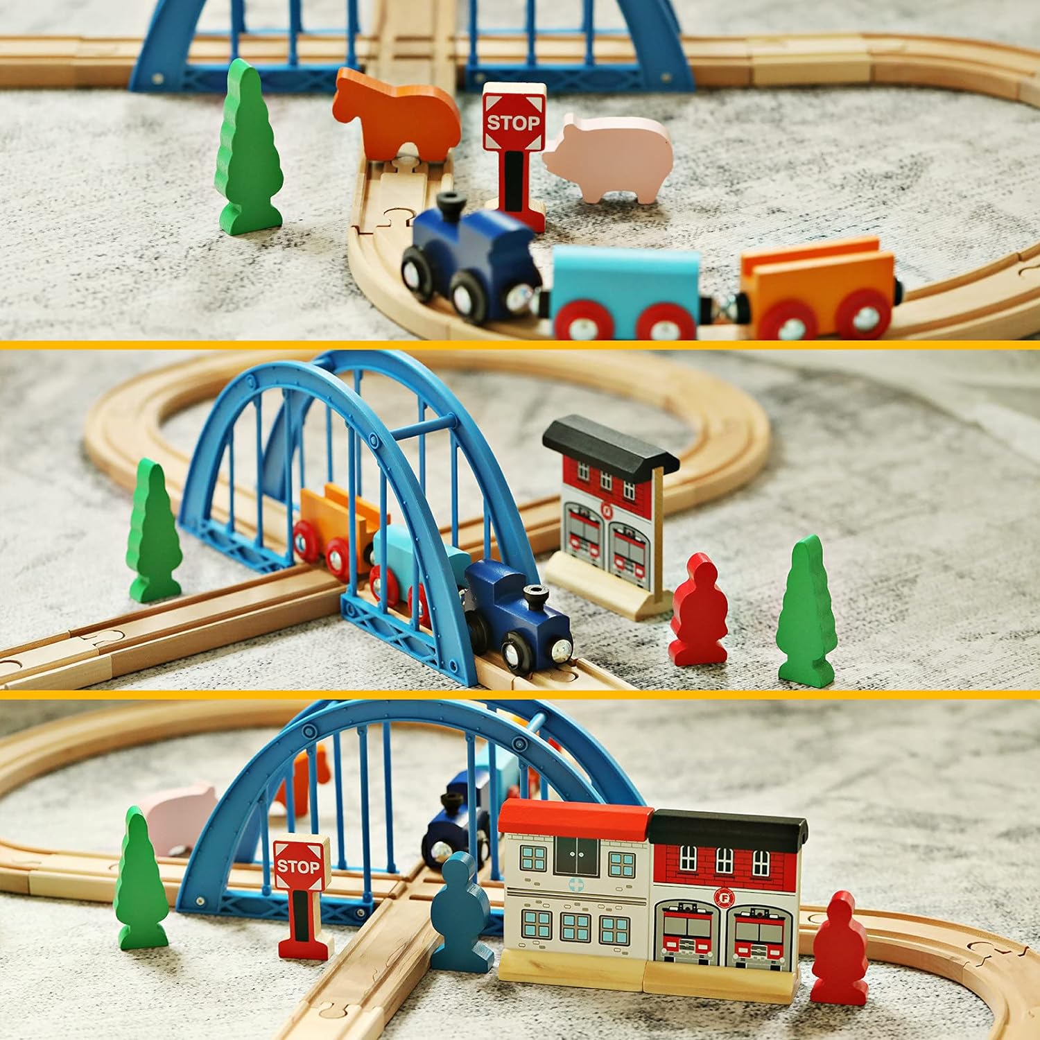 SainSmart Jr. Wooden Train Set with Train Tracks Bridge and Wood Toy Train for 3-5 Years Old Boys and Girls
