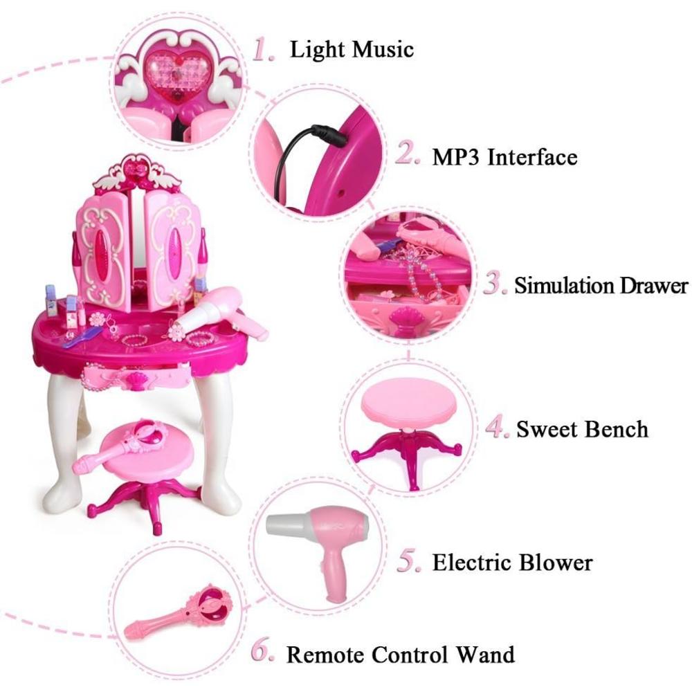 SainSmart Jr. Pretend Princess Girls Vanity Table with Fairy Infrared Control and MP3 Music Playing, Princess Makeup Table