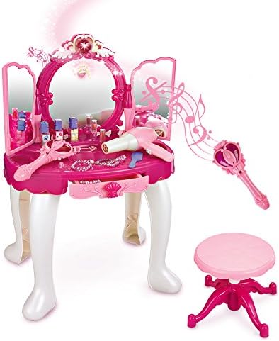 SainSmart Jr. Pretend Princess Girls Vanity Table with Fairy Infrared Control and MP3 Music Playing, Princess Makeup Table