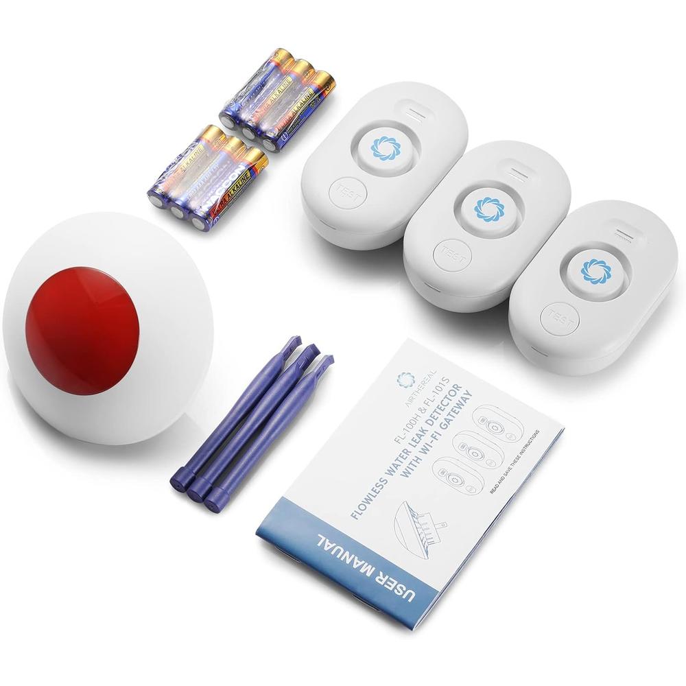 Airthereal Water Leak Detector 3 Pack with WiFi Gateway, Water Alarm Sensor with 4-Level dB Adjustable Alarm,Leak and Drip Alert