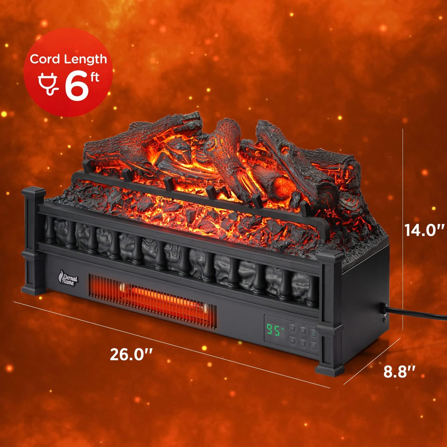 TURBRO Eternal Flame 26-Inch Infrared Quartz Electric Fireplace Log Heater, EF26-LG, 1500W