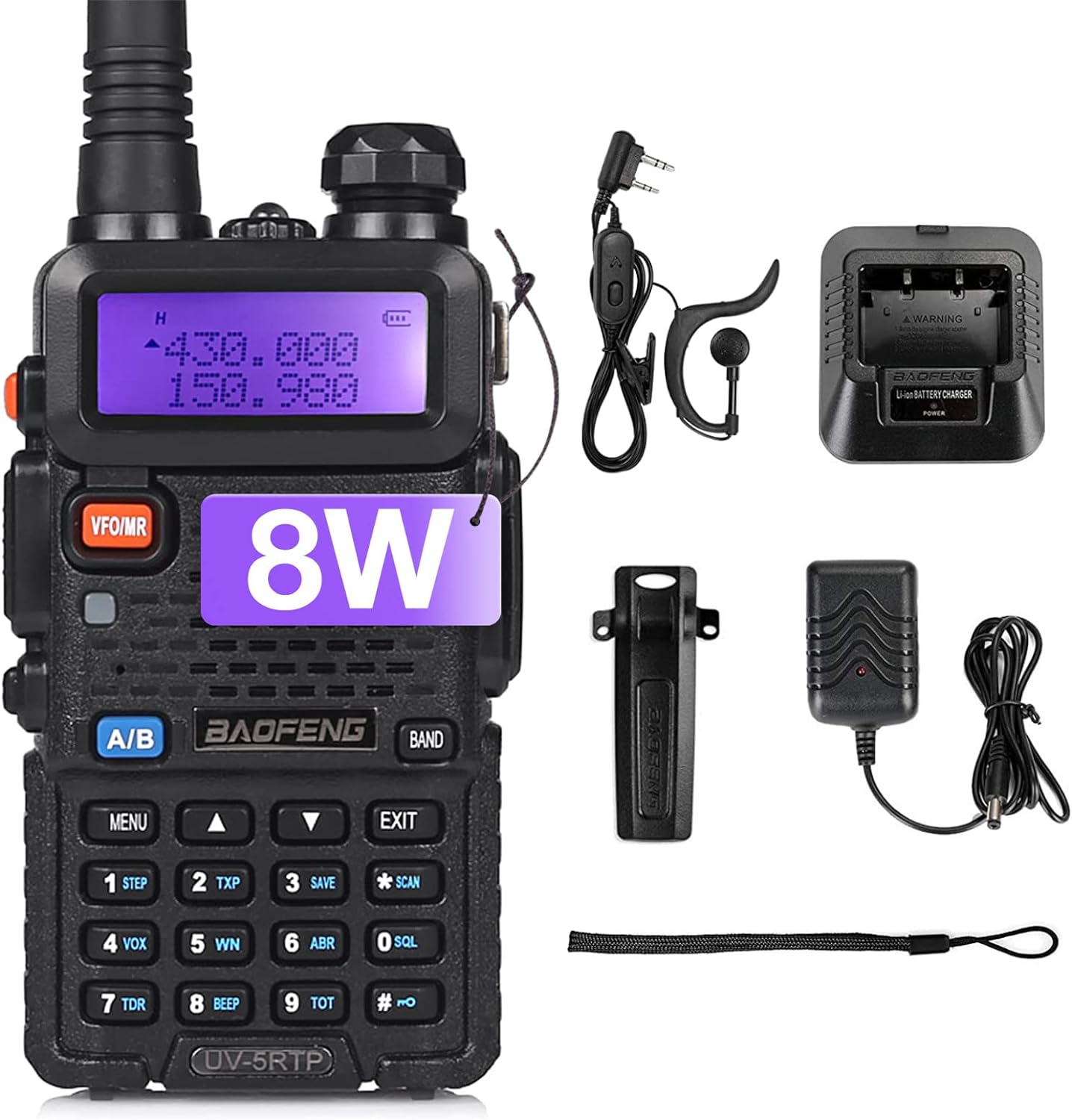 BAOFENG UV-5RTP 8 Watts Dual Band Two Way Radio, High Power Ham Radio Handheld with Earpiece, Black