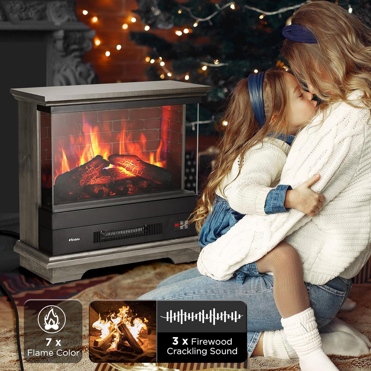 TURBRO Firelake 27 in. WiFi Electric Fireplace Heater with Sound Crackling - Freestanding Fireplace with Mantel