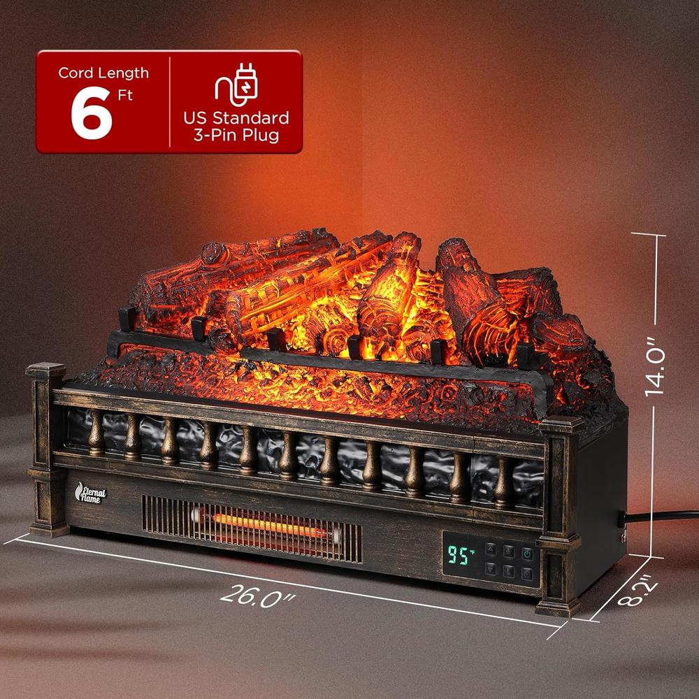 TURBRO Eternal Flame 26" WiFi Infrared Quartz Electric Fireplace Log Heater, Crackling Sound, Realistic Pinewood, 1500W, Bronze