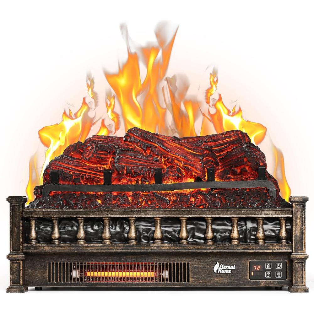 TURBRO 23" Eternal Flame Infrared Electric Fireplace Logs, Insert Log Quartz Heater, Realistic Pinewood Ember Bed, 1500W Bronze
