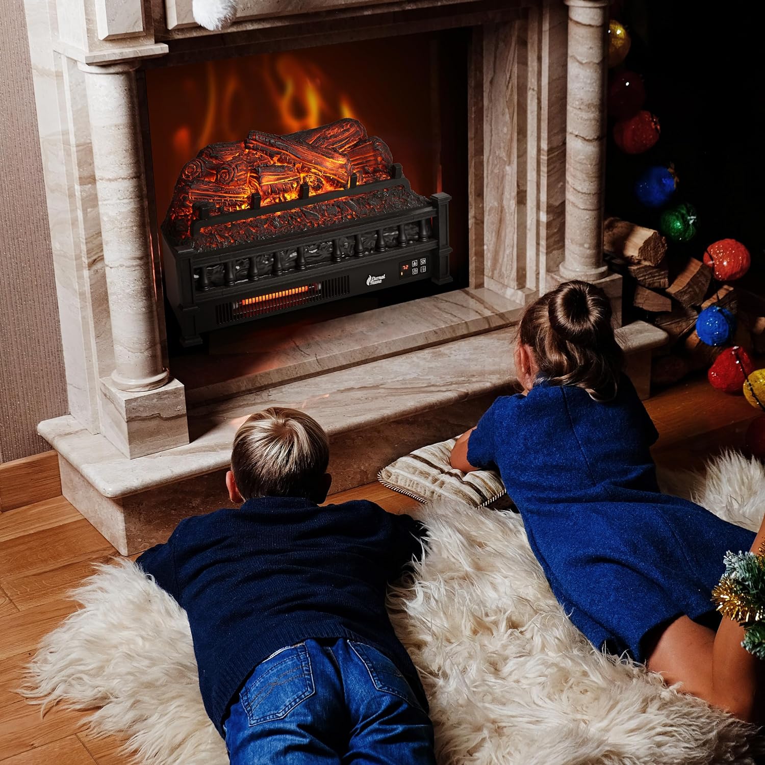 TURBRO 23" Eternal Flame Infrared Quartz Electric Fireplace Logs, Realistic Pinewood Ember Bed, Thermostat, 1500W Black