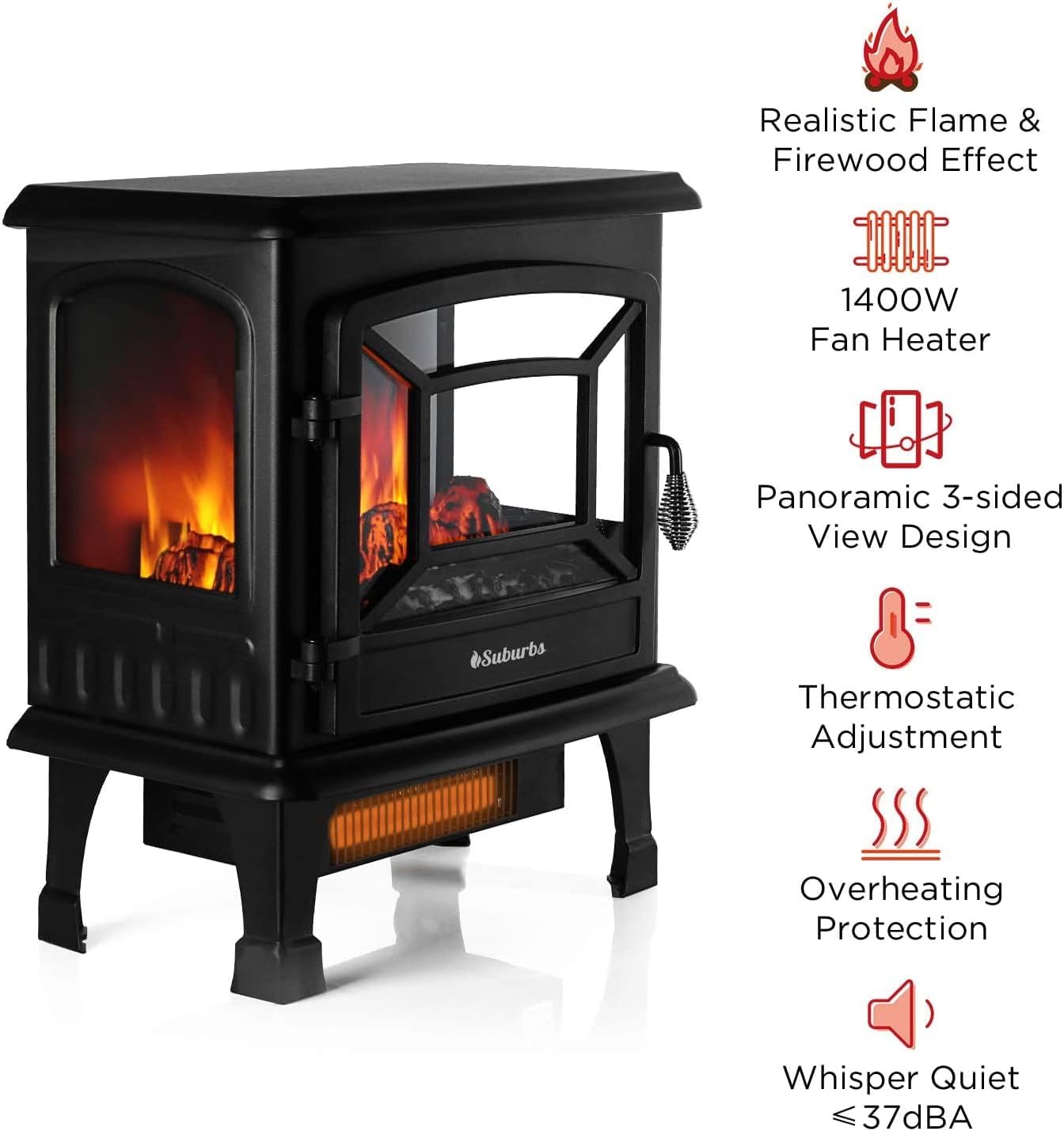 TURBRO Suburbs 20 in. Electric Fireplace Infrared Heater with Crackling Sound, Realistic Flame Effect, CSA Certified