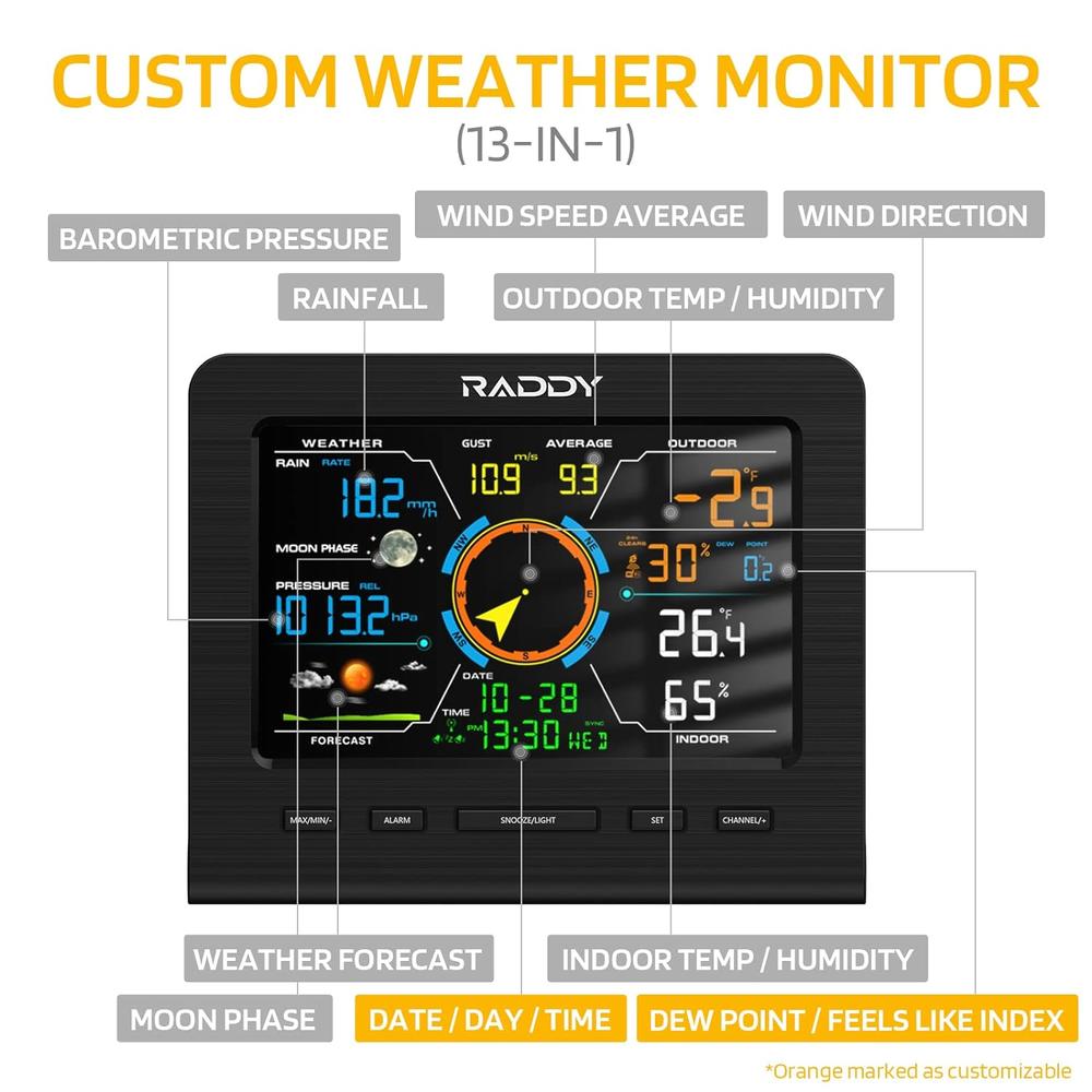 Raddy WF-100C Lite Weather Station Wireless with Temperature, Barometric, Humidity, Wind Gauge, Rain Gauge, Forecast, Moon Phase