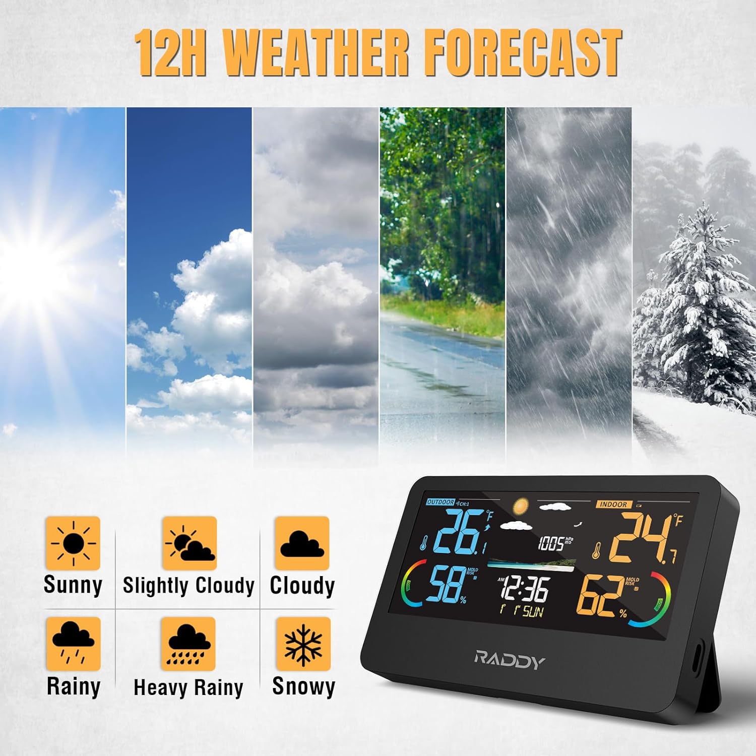 Raddy WF-55C PRO Wireless Weather Station, with Thermometer Hygrometer Barometer, Alarm Clock, Color Display, Remote Sensor