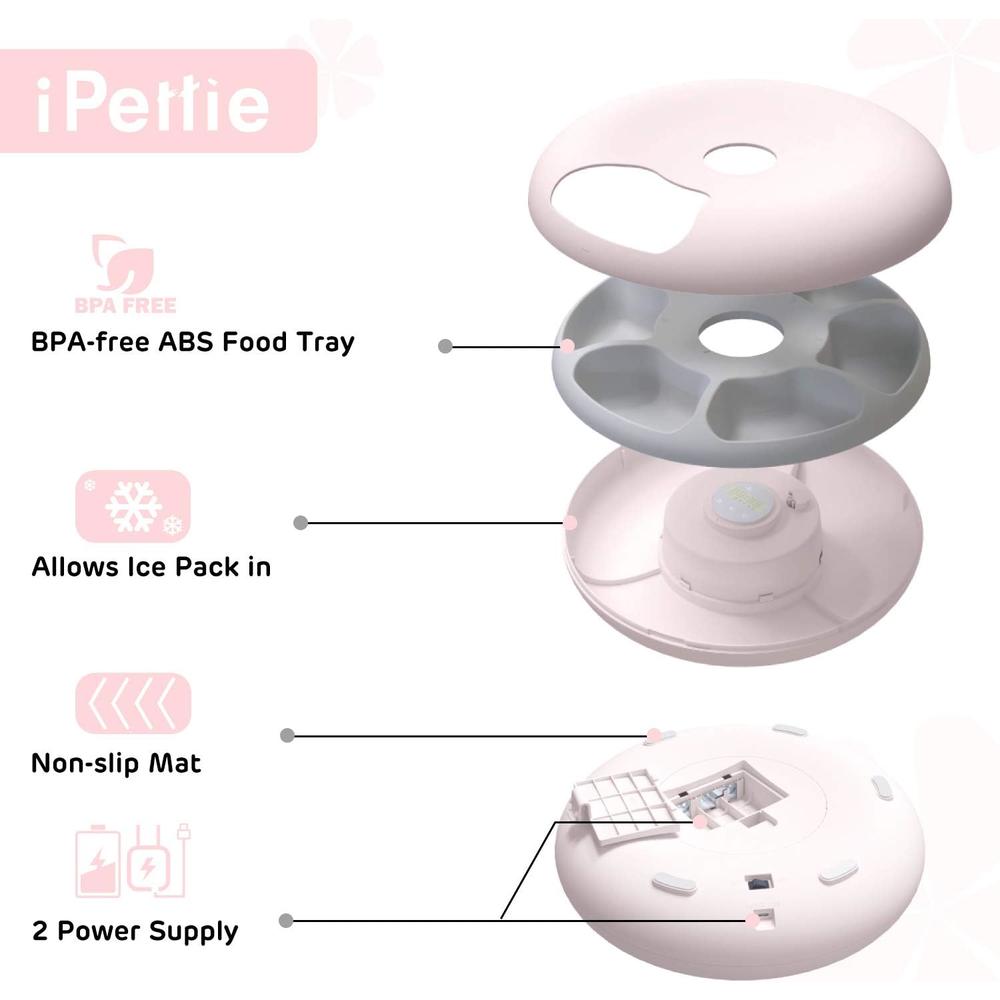 iPettie Donuts 6-Meal Automatic Wet and Dry Food Pet Feeder with Programmable Timer, Auto Dispenser, Batteries&USB Power Supply
